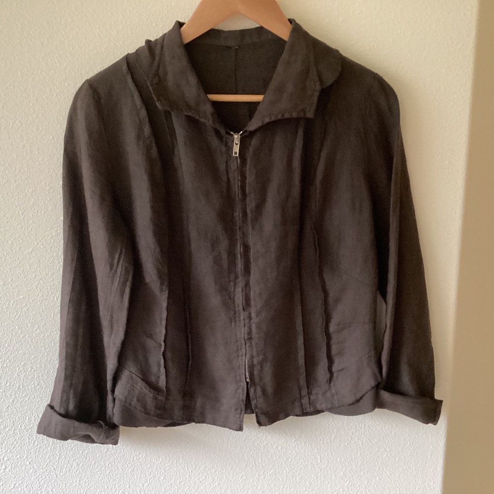 INIZIO OIZINI  Ladies Brown Ink Zip Linen Long Sleeve Jacket Made In Italy